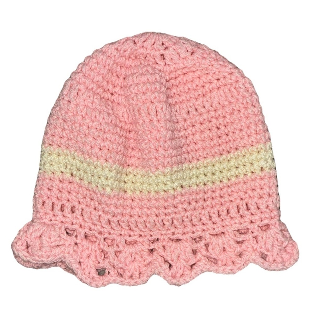 Beanie Hat Women's Pink White Crochet Handmade Scalloped Hem One Size NEW